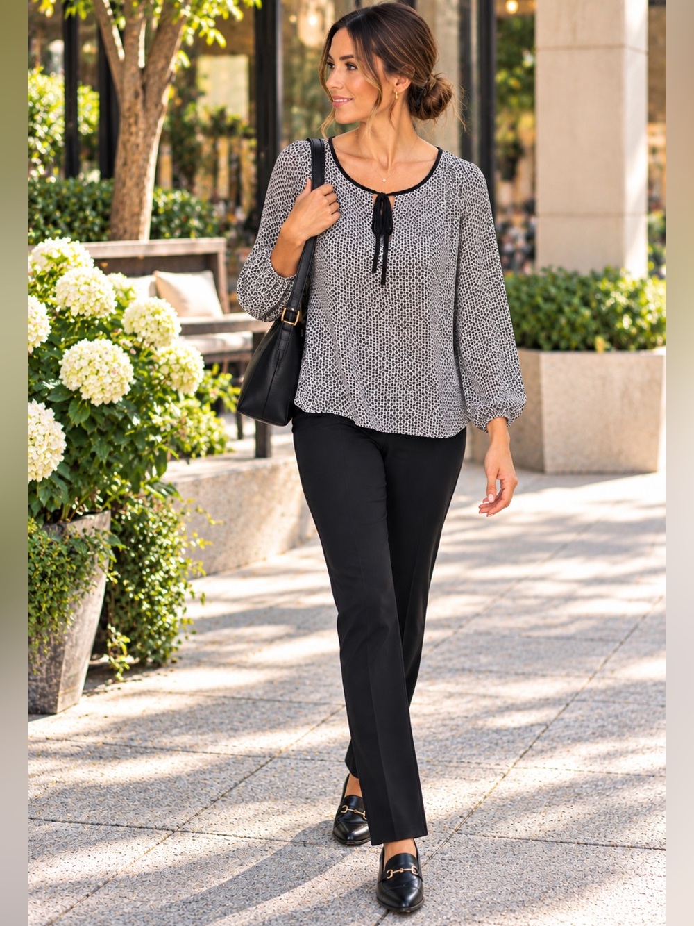 Vince Camuto Black & White Geo Print Tie-Neck Blouse M